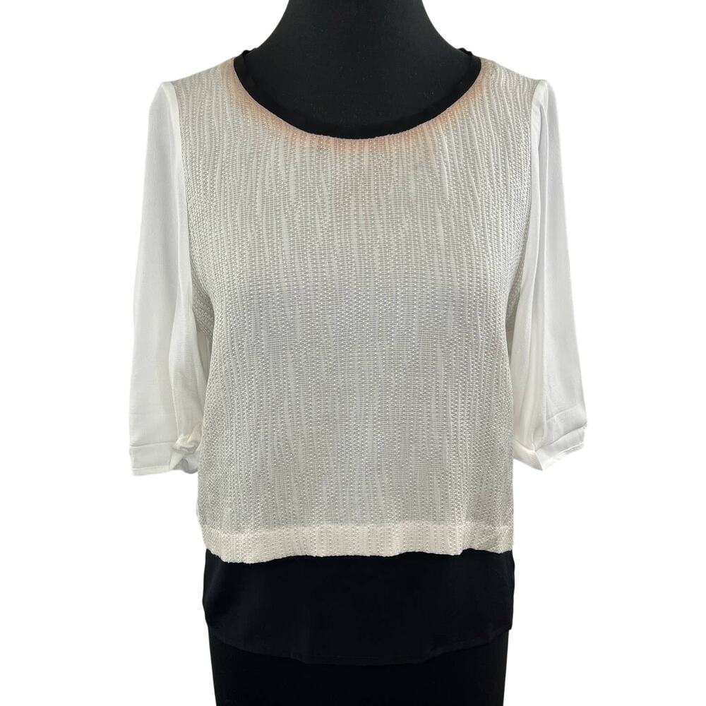 MAJE Textured White Silk & Black 3/4 Sleeve Slit Back Blouse Tunic Top 3 Large